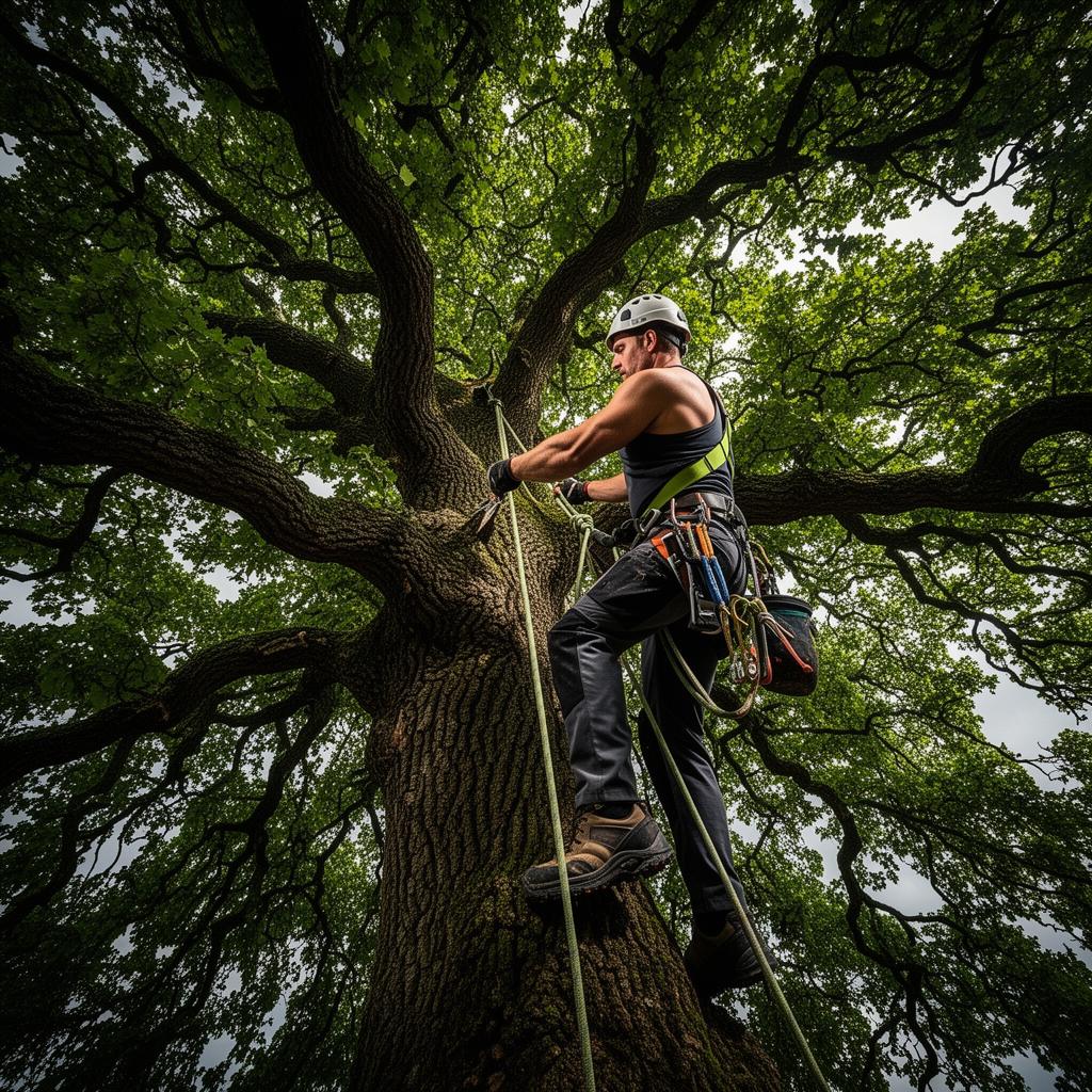 Professional arborist climbing and working on a mature tree